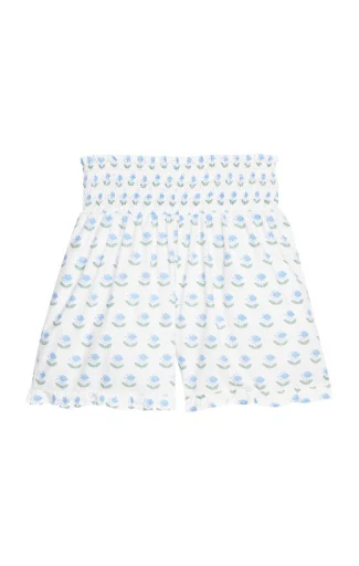 Shirred Ruffle Shorts - Blue Tulip Block Print
