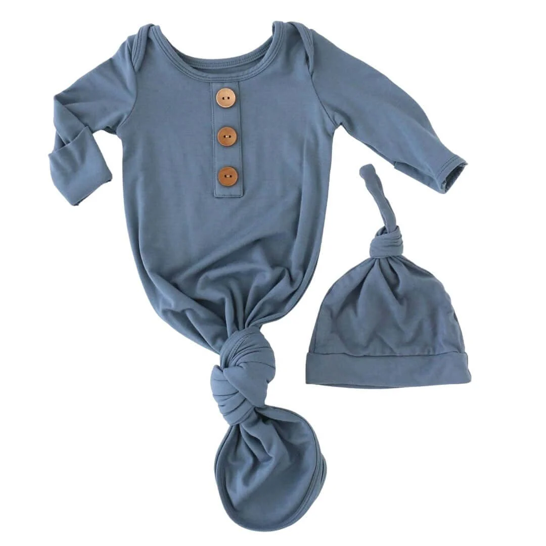 Solid Dusty Blue Bamboo Baby Knot Gown & Hat: Newborn / 7-14lbs+ - Image 2