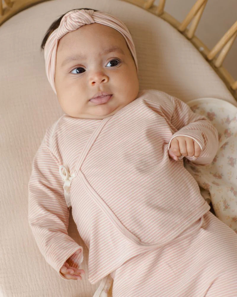 Quincy Mae Wrap Top + Footed Pant Set || Melon Micro Stripe